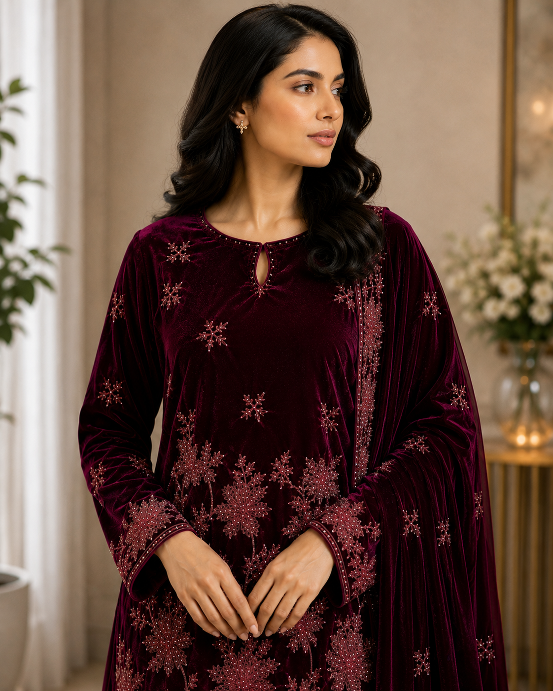 Maroon Embroidered Velvet 3 Piece Unstitched Suit