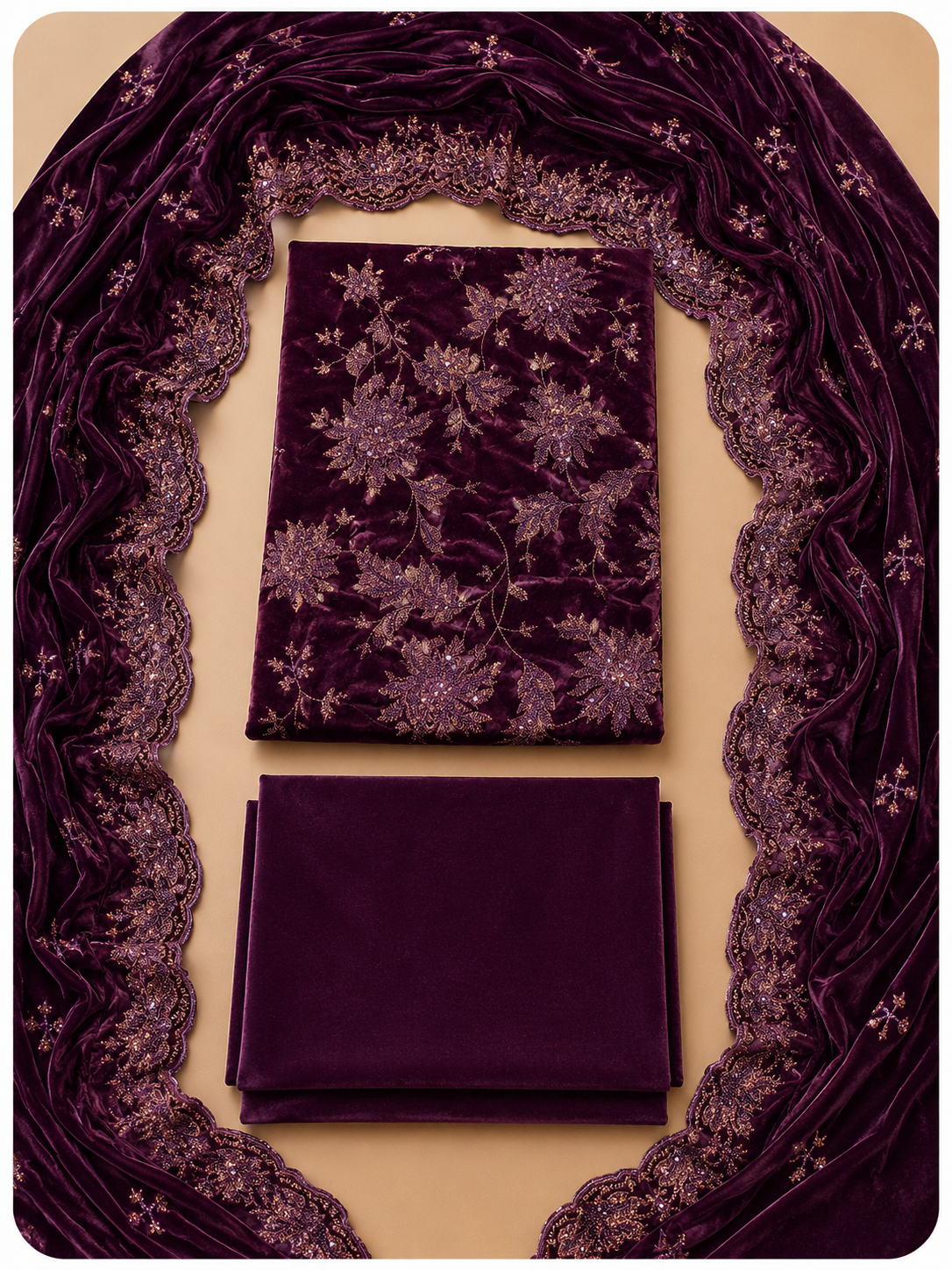 Maroon Embroidered Velvet 3 Piece Unstitched Suit