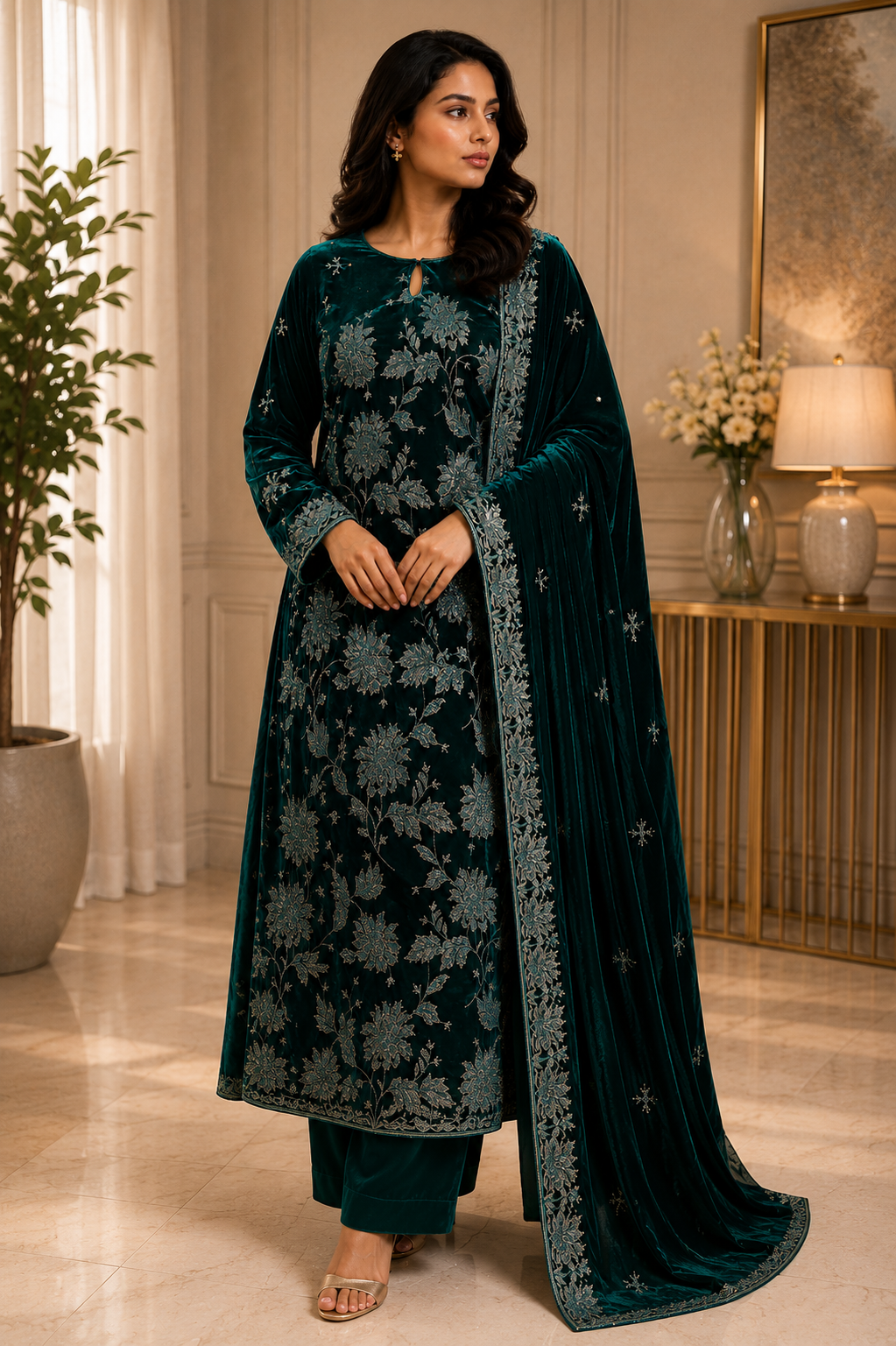 Emerald Green Embroidered Velvet 3 Piece Unstitched Suit