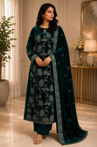 Emerald Green Embroidered Velvet 3 Piece Unstitched Suit