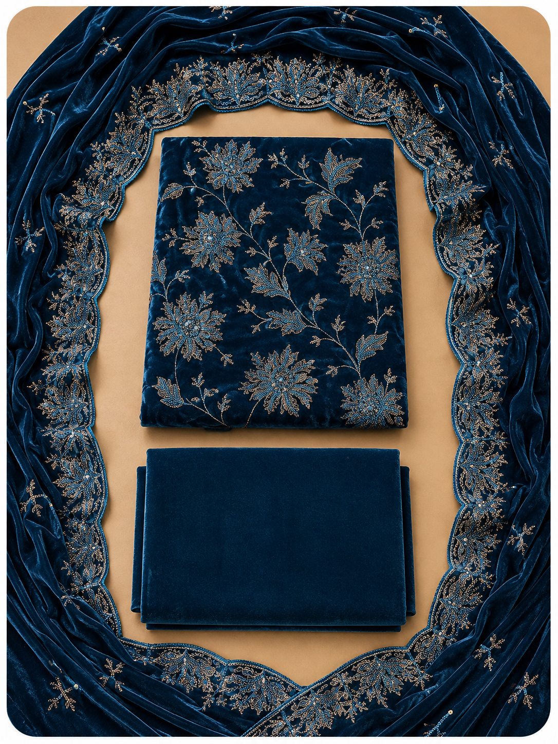 Royal Blue Embroidered Velvet 3 Piece Unstitched Suit