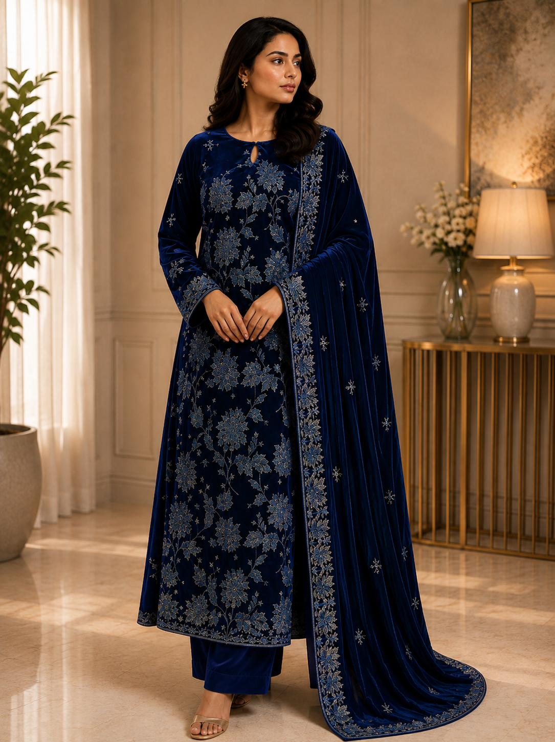 Royal Blue Embroidered Velvet 3 Piece Unstitched Suit