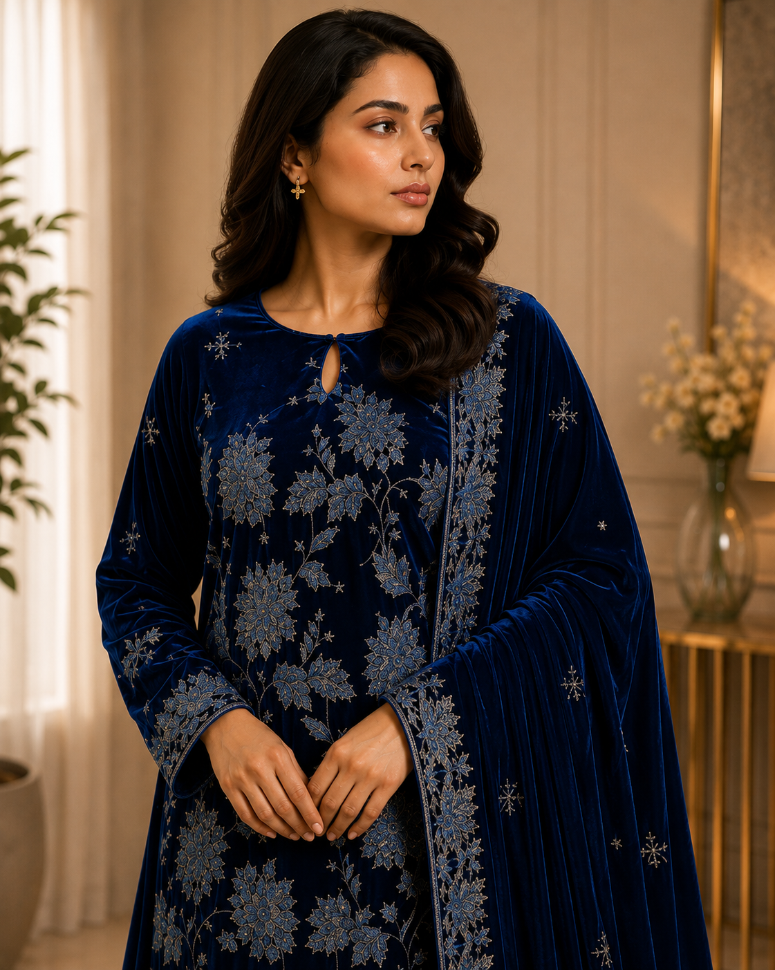 Royal Blue Embroidered Velvet 3 Piece Unstitched Suit