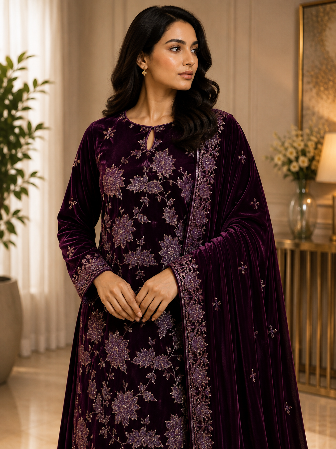 Deep Plum Embroidered Velvet 3 Piece Unstitched Suit