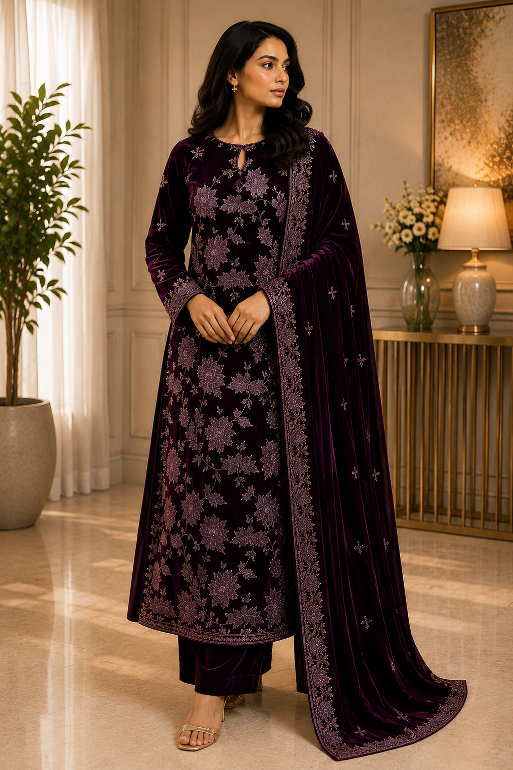 Deep Plum Embroidered Velvet 3 Piece Unstitched Suit