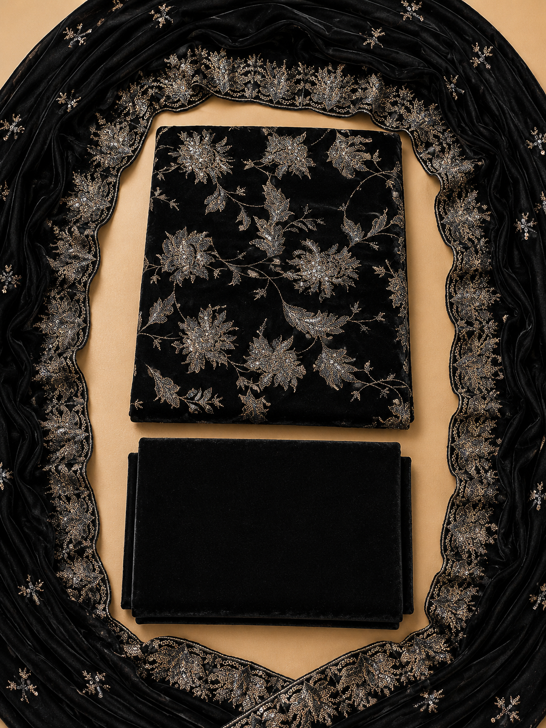 Black Embroidered Velvet 3 Piece Unstitched Suit
