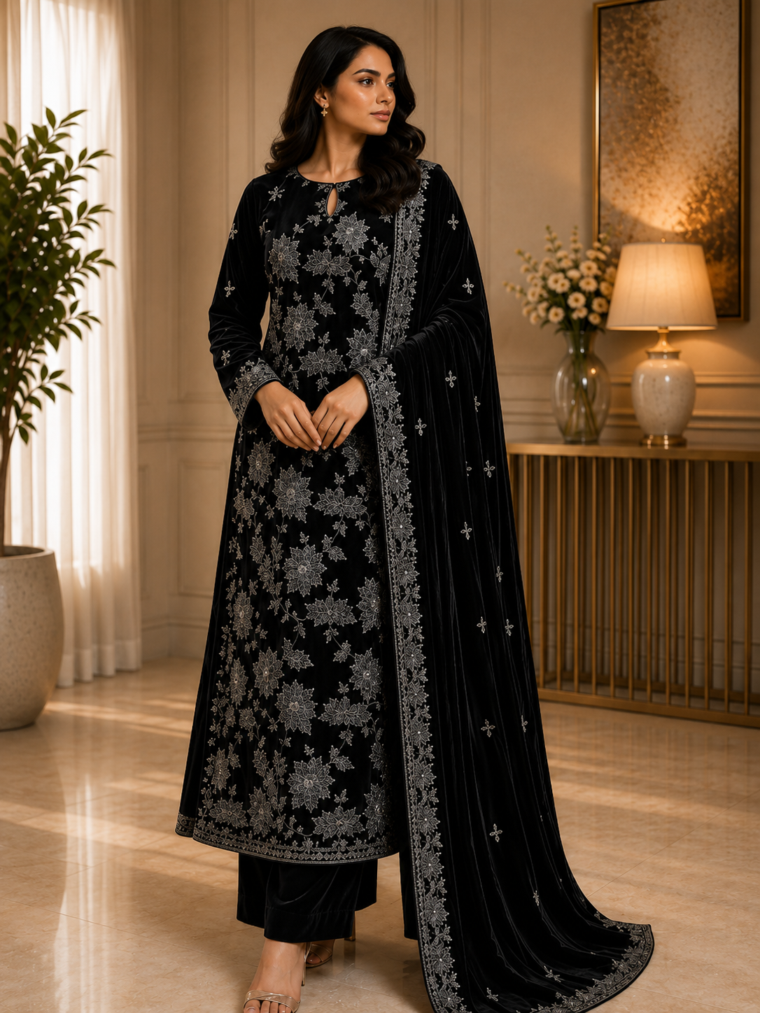 Black Embroidered Velvet 3 Piece Unstitched Suit