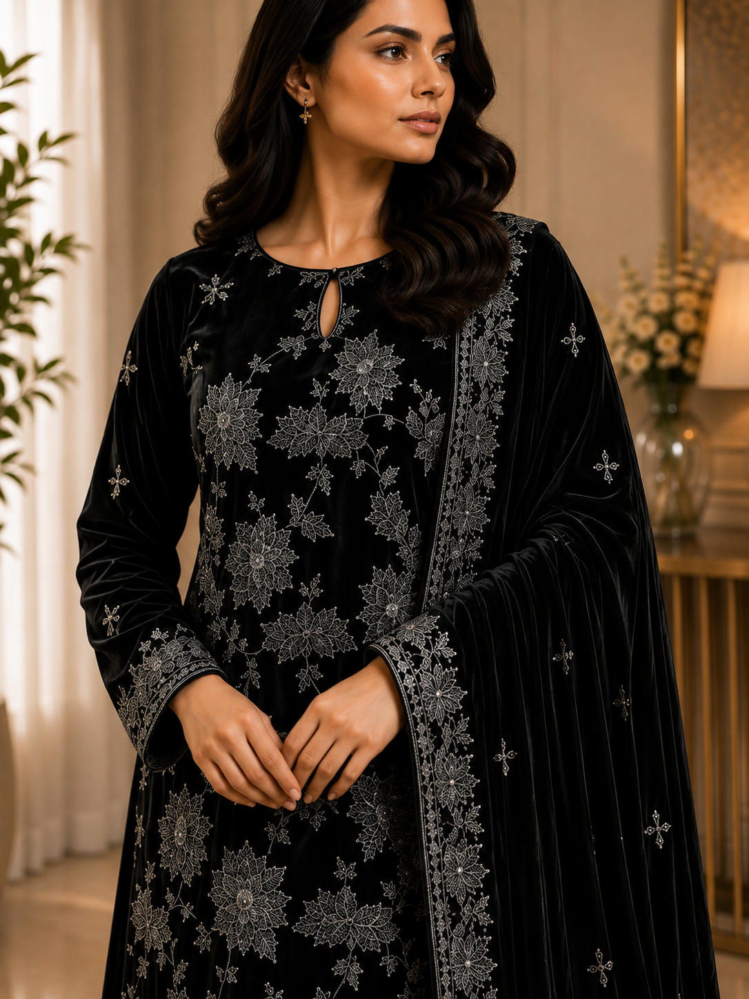 Black Embroidered Velvet 3 Piece Unstitched Suit