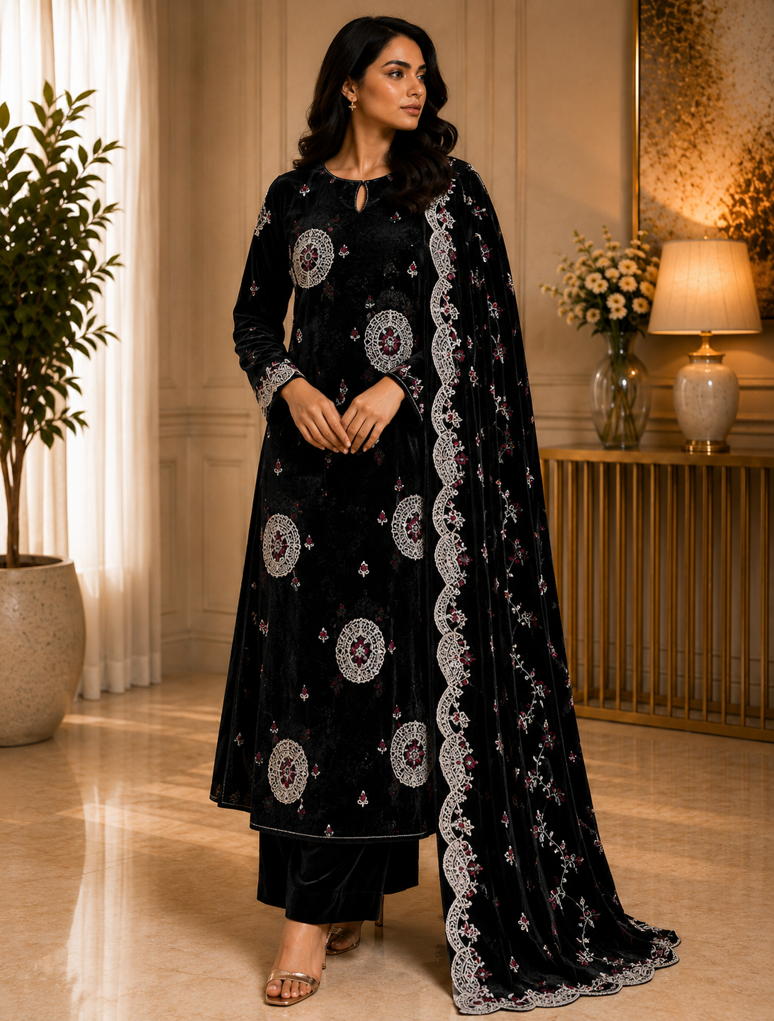 Black Embroidered Palachi 3 Piece Unstitched Suit