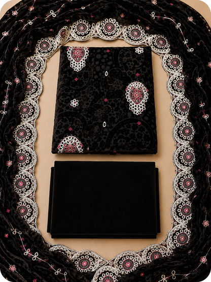 Black Embroidered Palachi 3 Piece Unstitched Suit