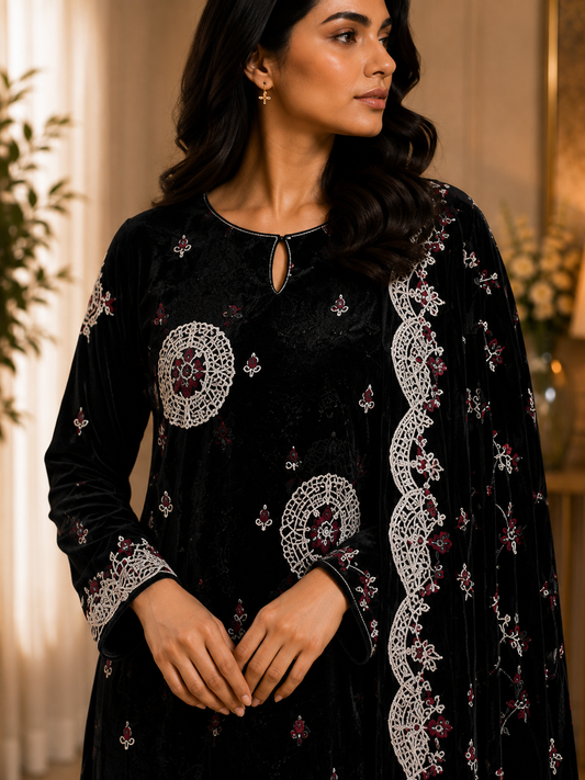 Black Embroidered Palachi 3 Piece Unstitched Suit