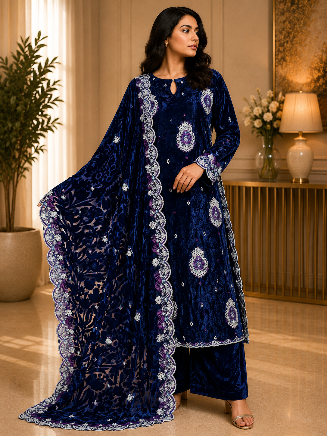 Royal Blue Embroidered Palachi 3 Piece Unstitched Suit