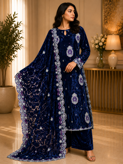 Royal Blue Embroidered Palachi 3 Piece Unstitched Suit