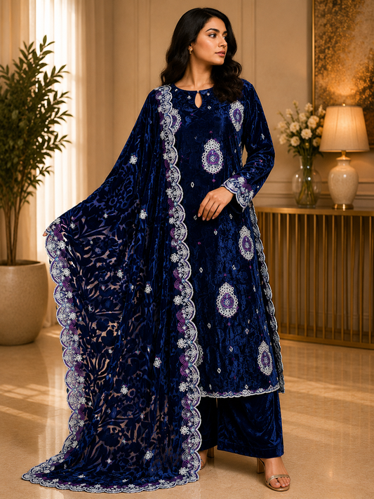 Royal Blue Embroidered Palachi 3 Piece Unstitched Suit