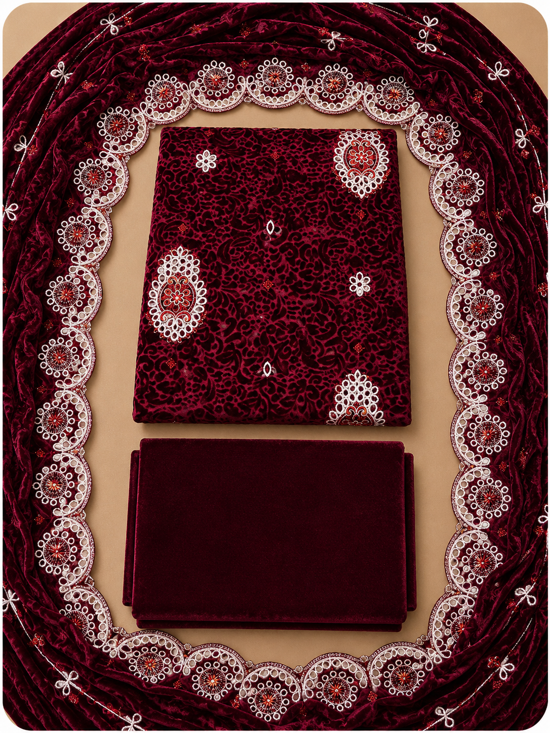 Maroon Embroidered Palachi 3 Piece Unstitched Suit