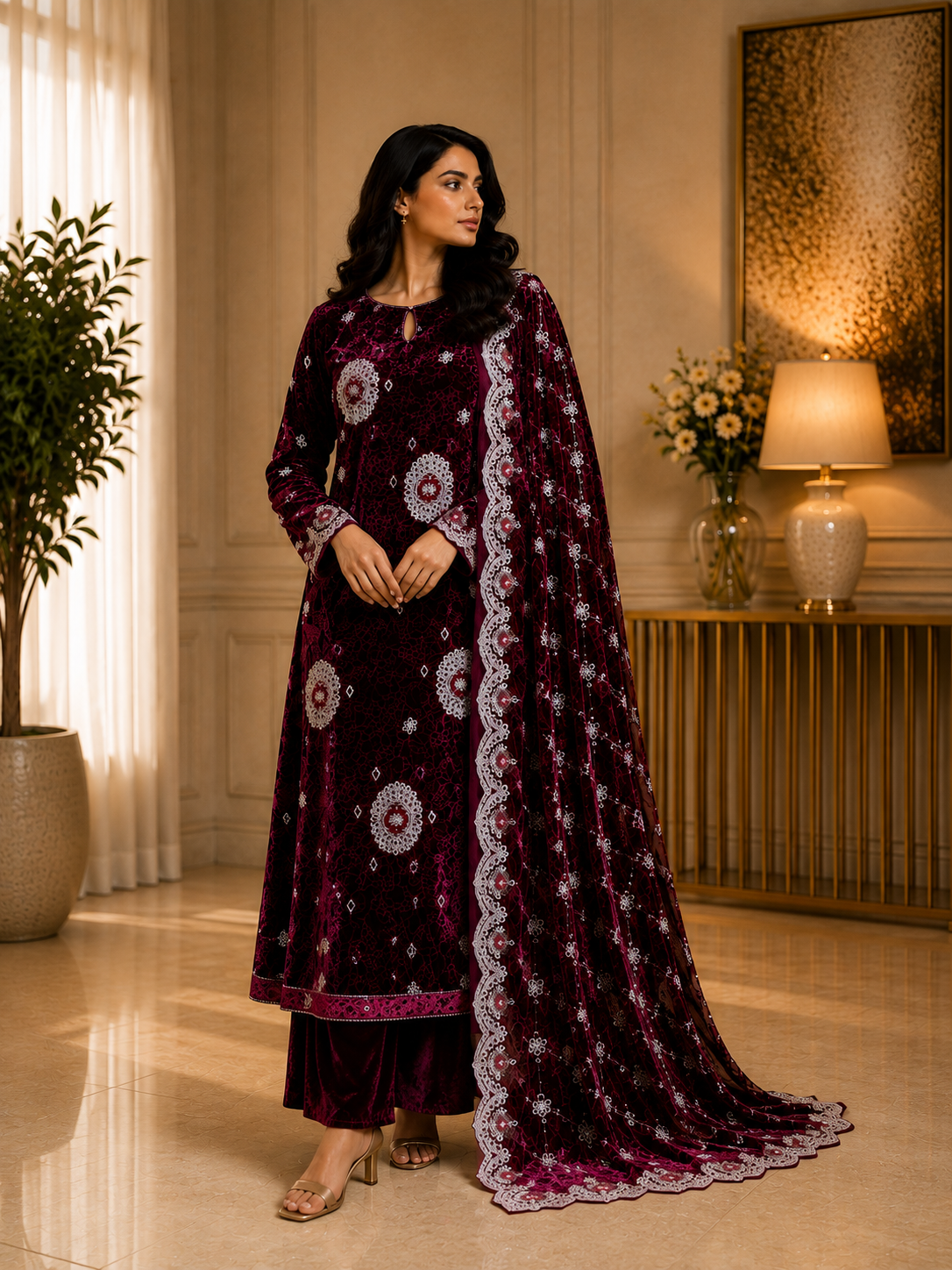 Maroon Embroidered Palachi 3 Piece Unstitched Suit