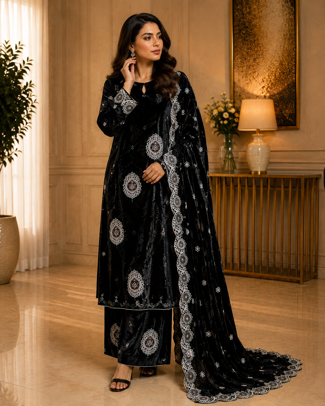 Black Embroidered Palachi 3 Piece Unstitched Suit
