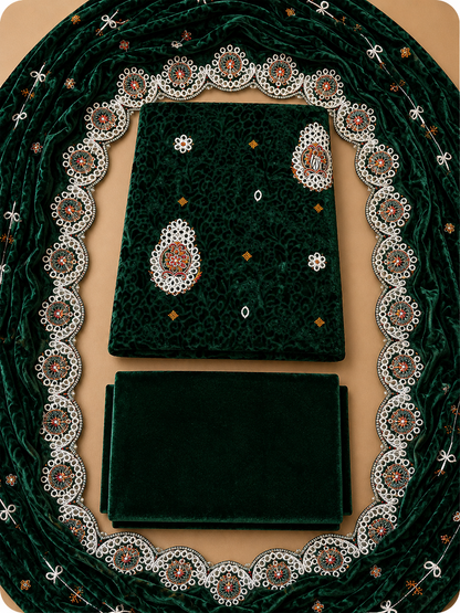 Emerald Green Embroidered Palachi 3 Piece Unstitched Suit