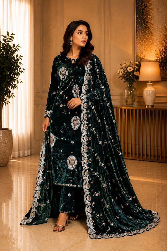 Emerald Green Embroidered Palachi 3 Piece Unstitched Suit