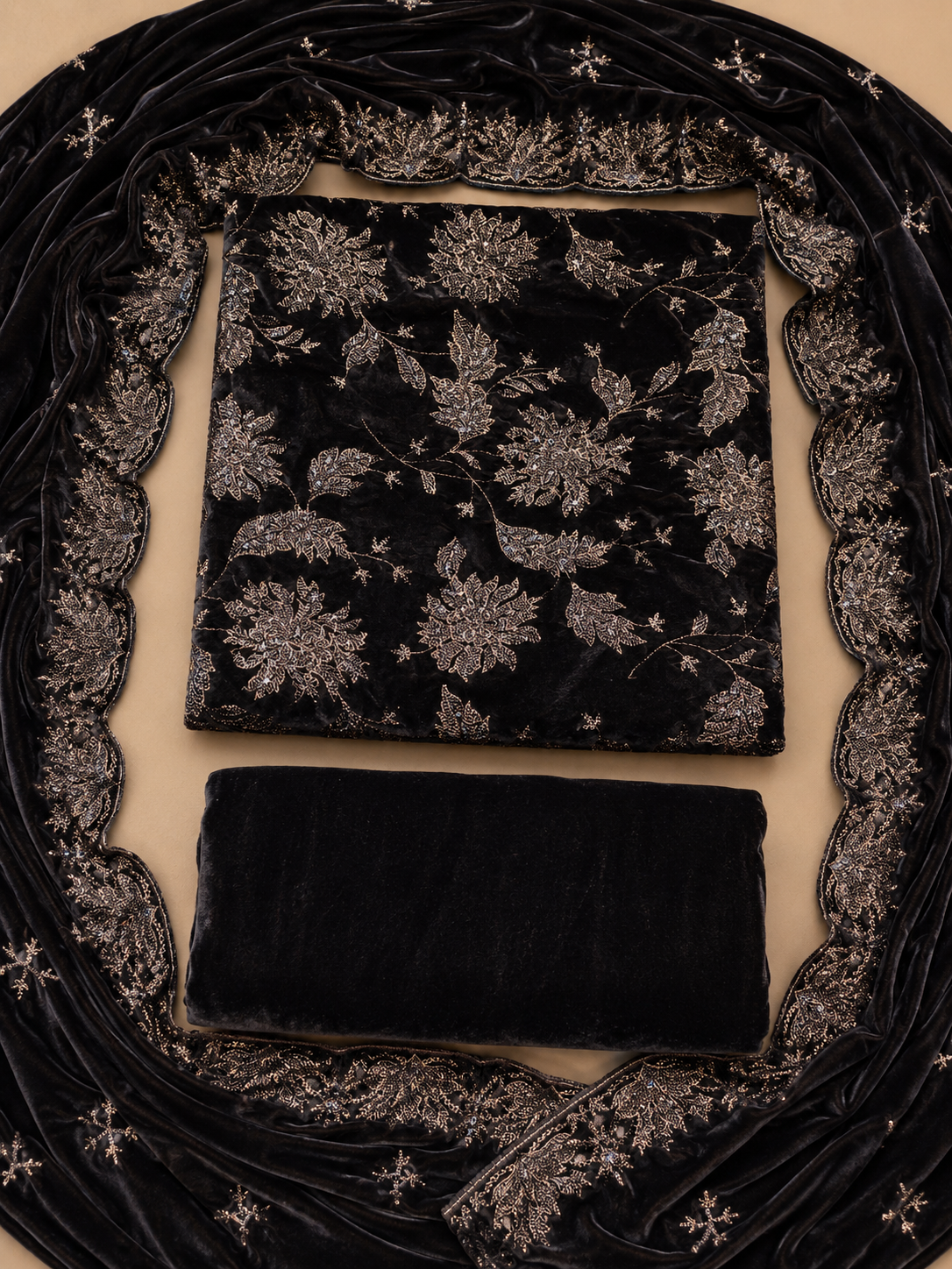 Espresso Brown Embroidered Velvet 3 Piece Unstitched Suit