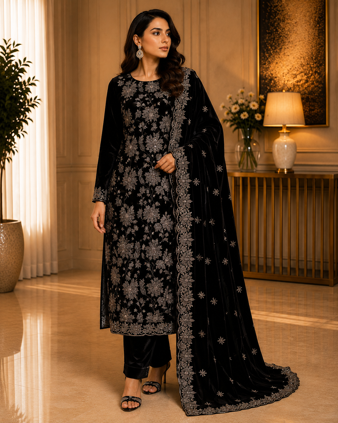 Espresso Brown Embroidered Velvet 3 Piece Unstitched Suit