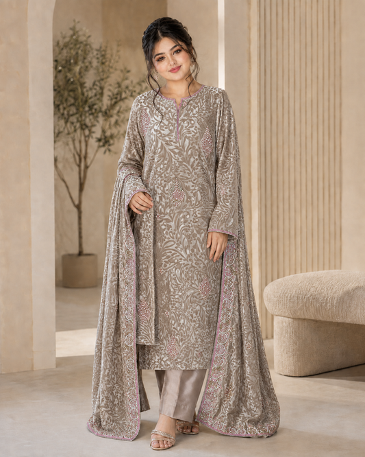 Champagne Beige Embroidered Palachi 3 Piece Unstitched Suit