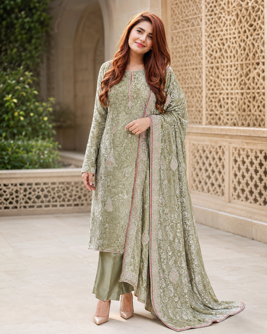 Sage-Olive Palachi 3 Piece Unstitched Suit