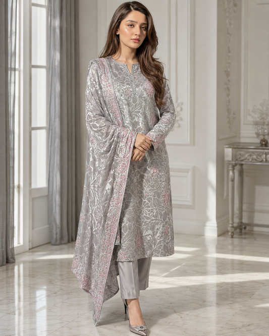 Silver Grey Embroidered Palachi 3 Piece Unstitched Suit