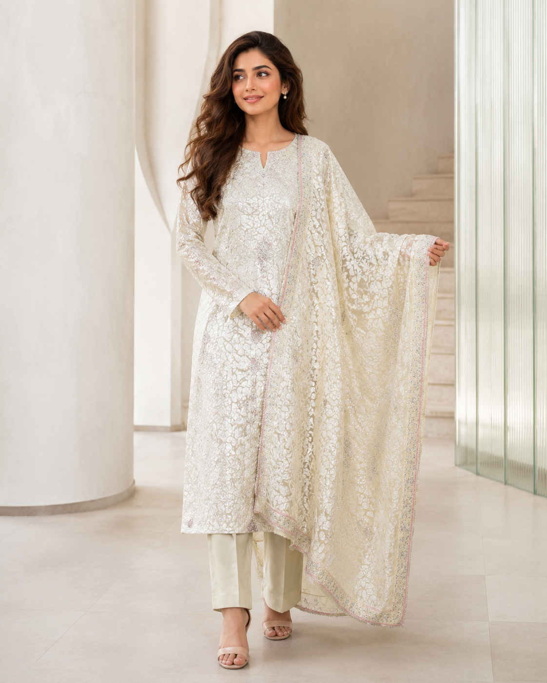 Ivory Cream Embroidered Palachi 3 Piece Unstitched Suit