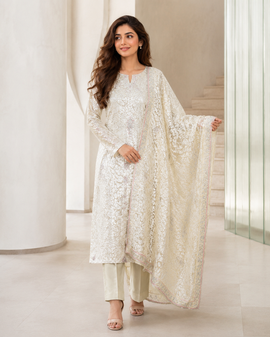 Ivory Cream Embroidered Palachi 3 Piece Unstitched Suit