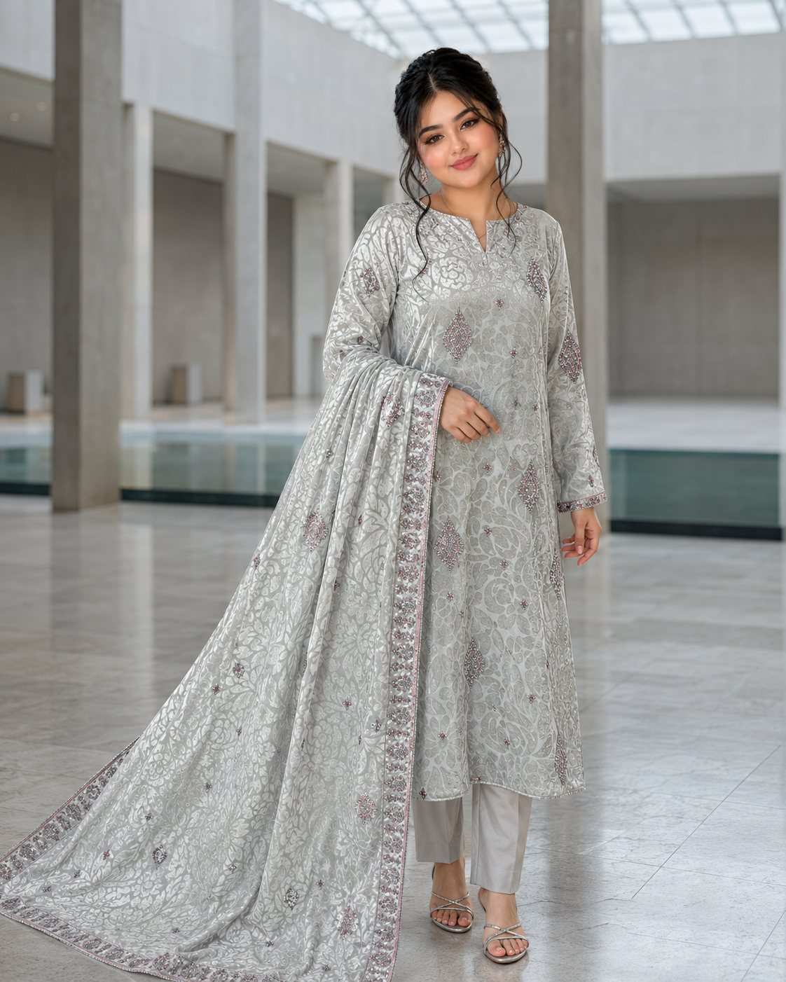 Pearl Silver Embroidered Palachi 3 Piece Unstitched Suit