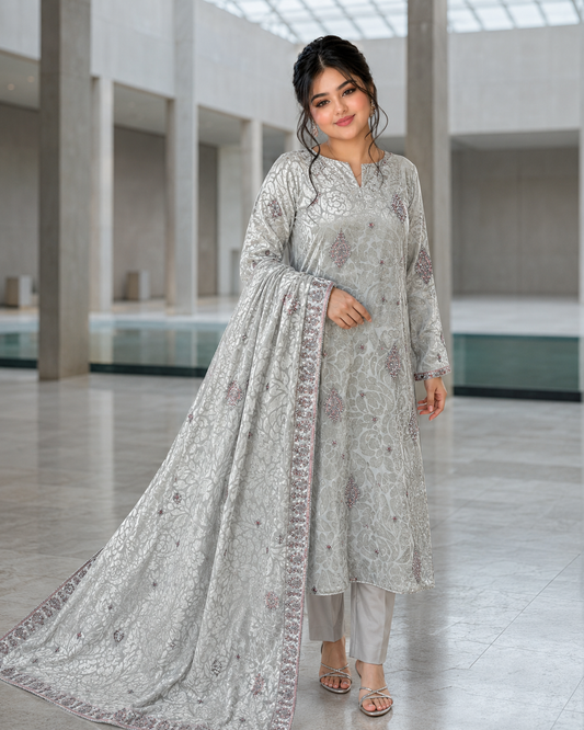 Pearl Silver Embroidered Palachi 3 Piece Unstitched Suit