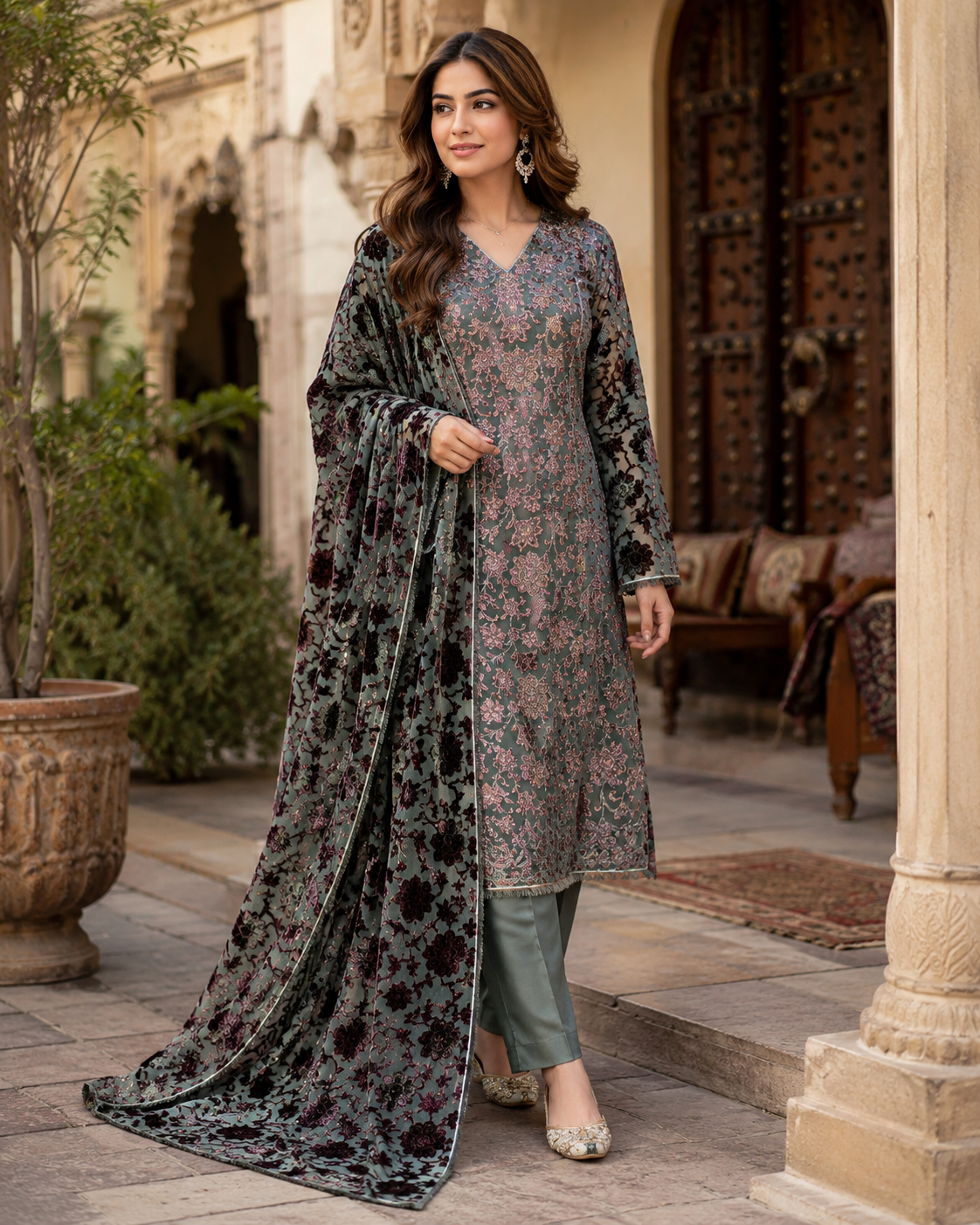 Sage Green &amp; Mauve Floral Palachi 3 Piece Unstitched Suit
