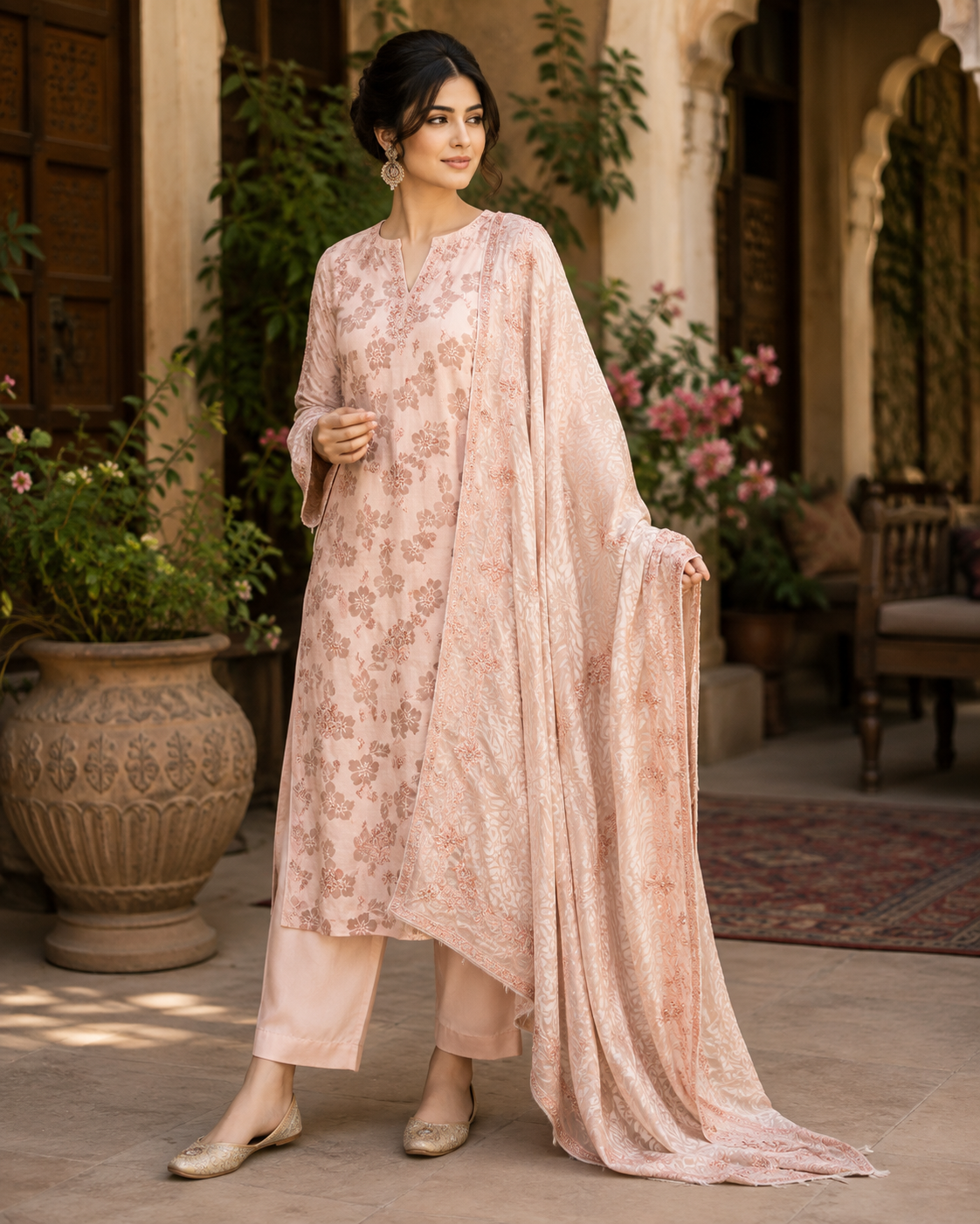Blush Peach Floral China Pati Silk 3 Piece Unstitched Suit