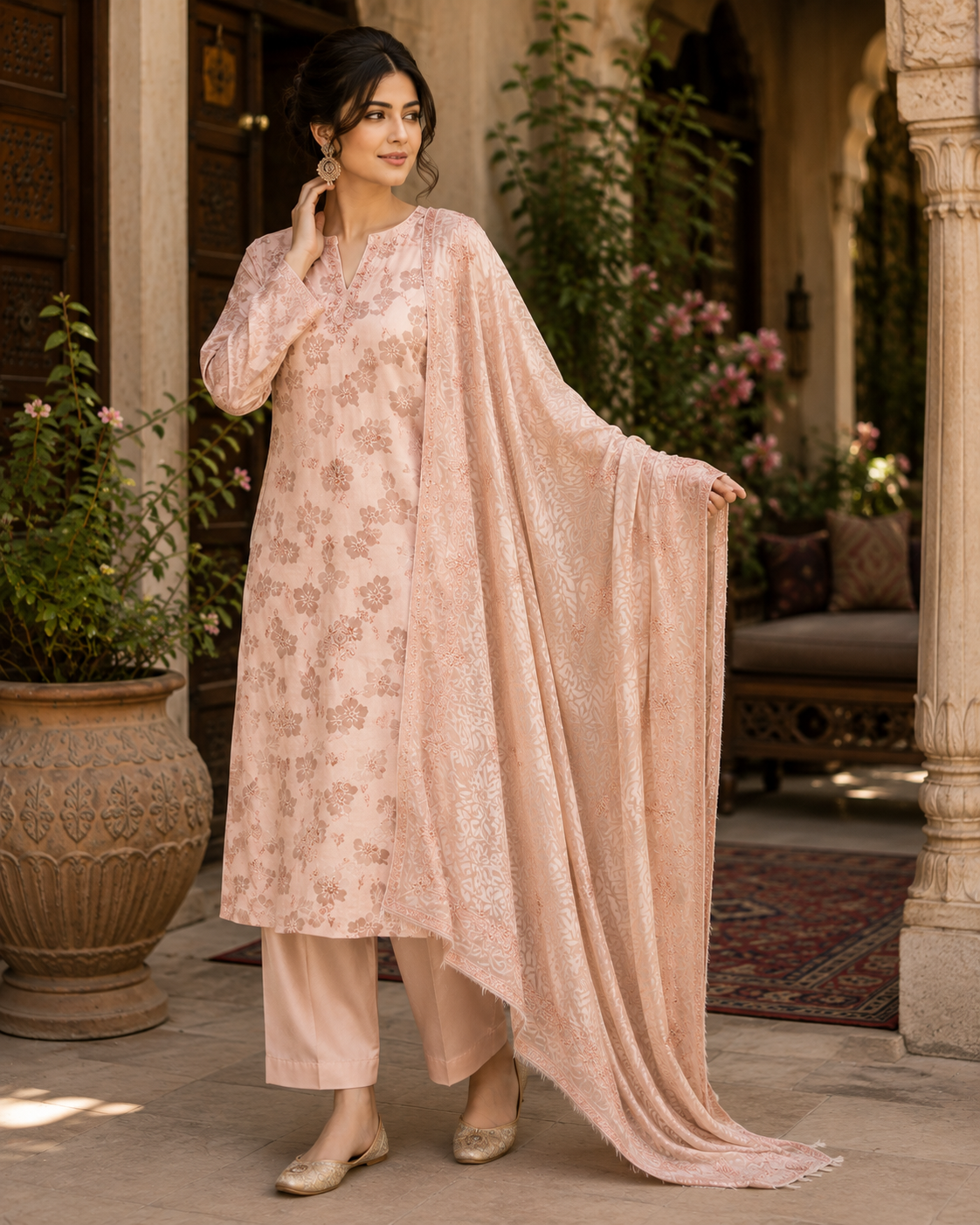 Blush Peach Floral China Pati Silk 3 Piece Unstitched Suit