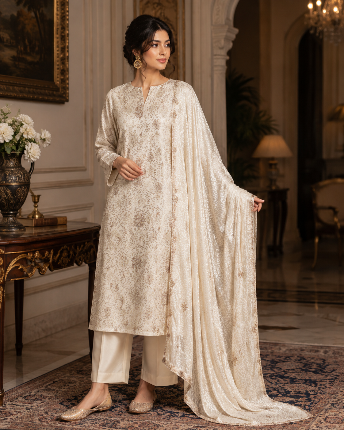 Ivory &amp; Champagne China Pati Silk 3 Piece Unstitched Suit