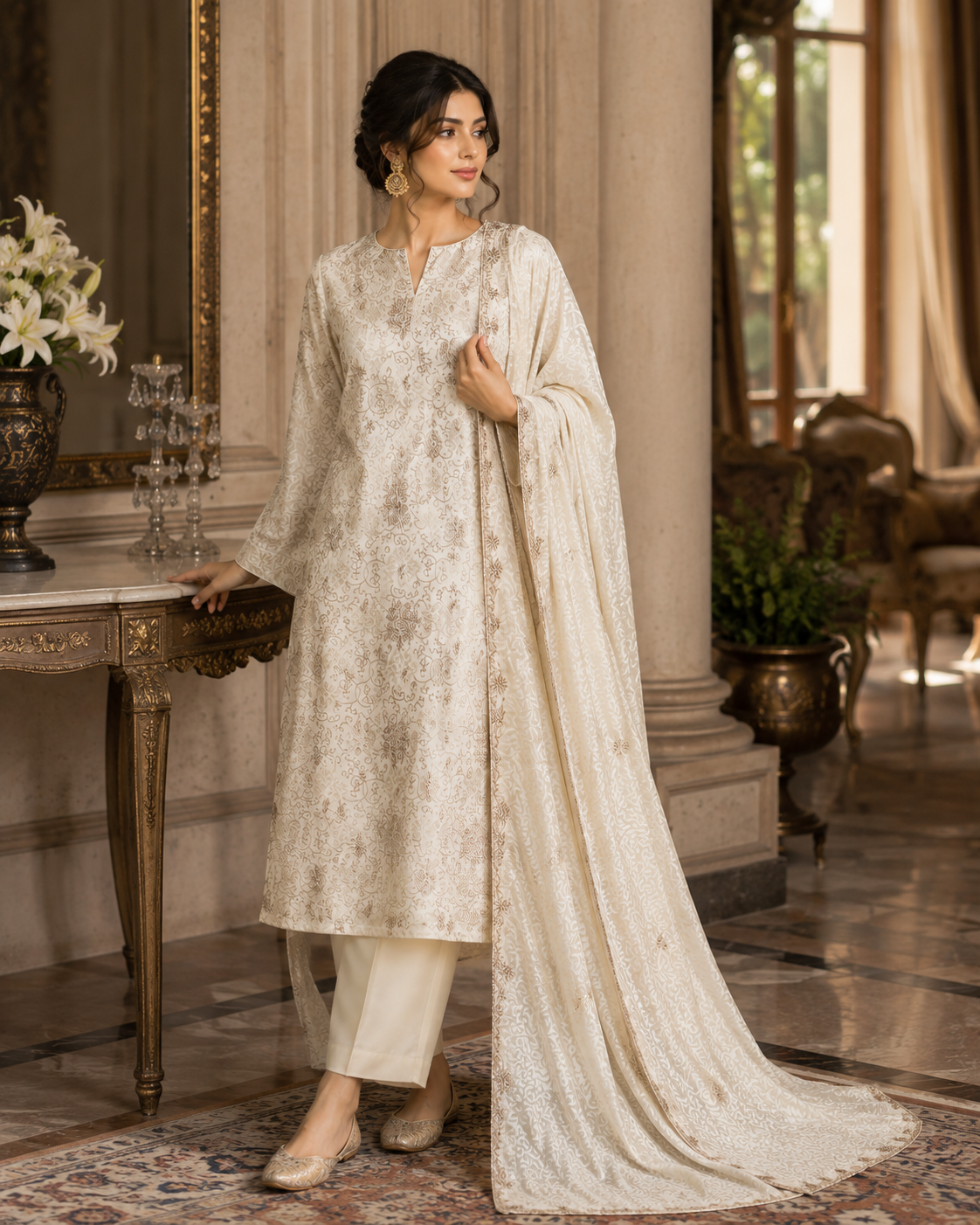 Ivory &amp; Champagne China Pati Silk 3 Piece Unstitched Suit