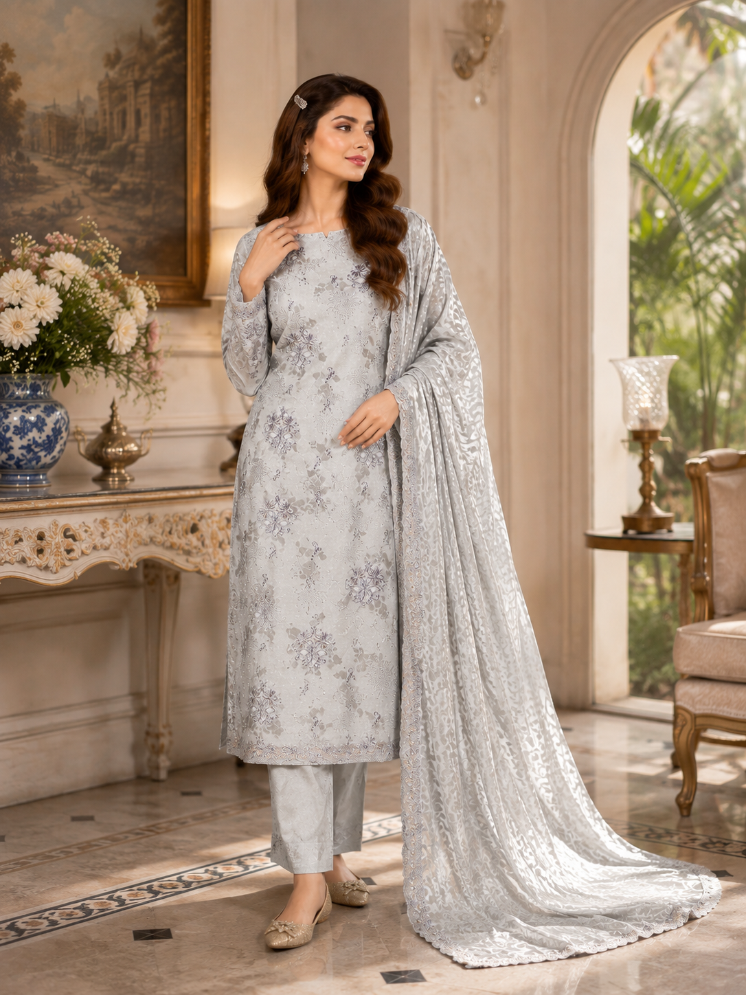 Pearl Ivory &amp; Lilac Floral China Pati Silk 3 Piece Unstitched Suit