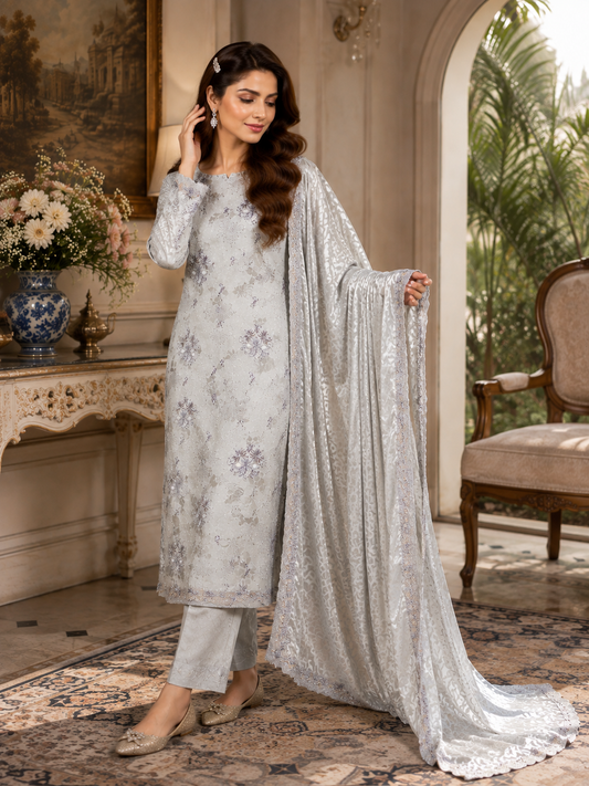 Pearl Ivory &amp; Lilac Floral China Pati Silk 3 Piece Unstitched Suit