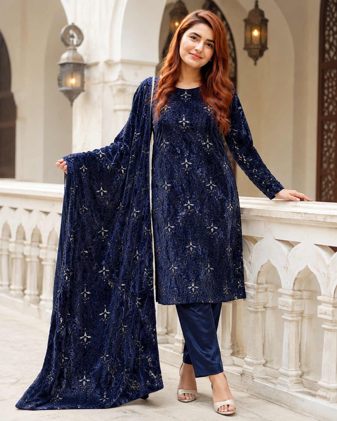 Navy Blue Embroidered Palachi 3 Piece Unstitched Suit