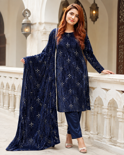 Navy Blue Embroidered Palachi 3 Piece Unstitched Suit
