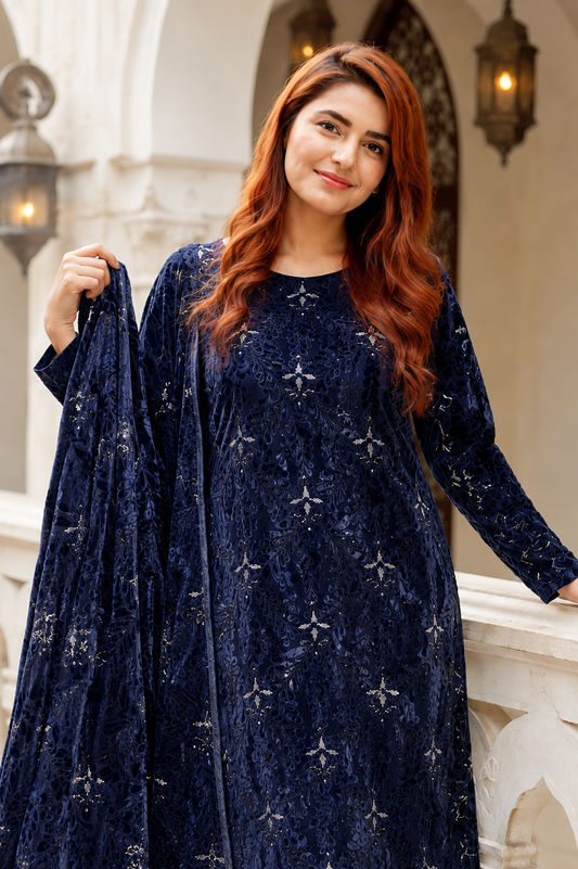 Navy Blue Embroidered Palachi 3 Piece Unstitched Suit