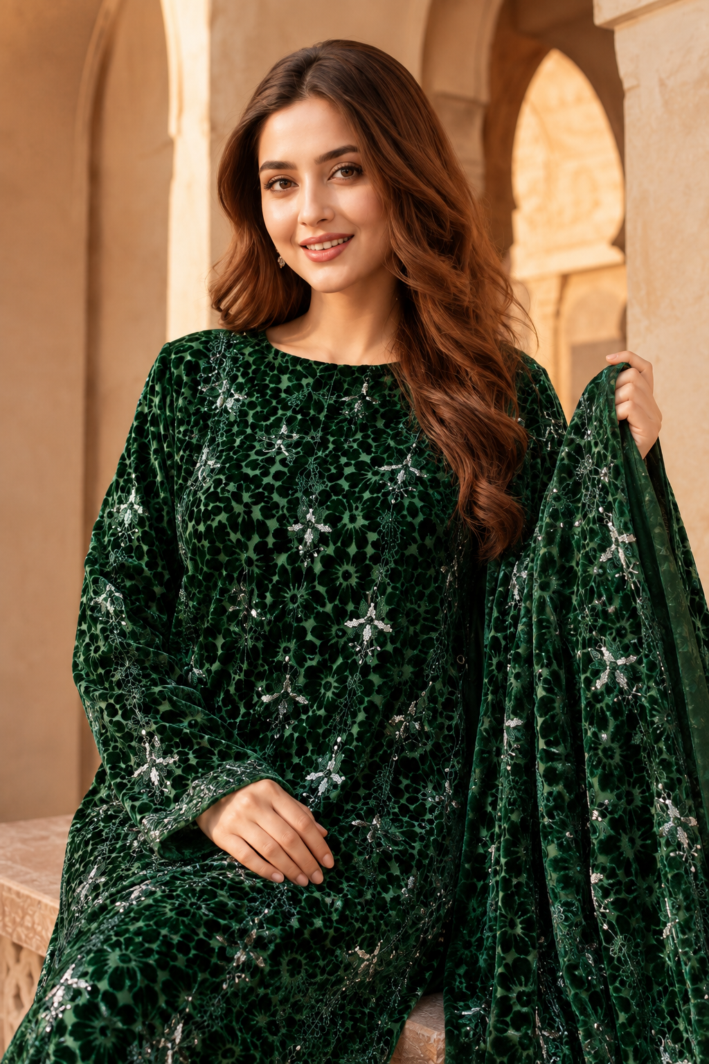 Bottle Green Embroidered Palachi 3 Piece Unstitched Suit