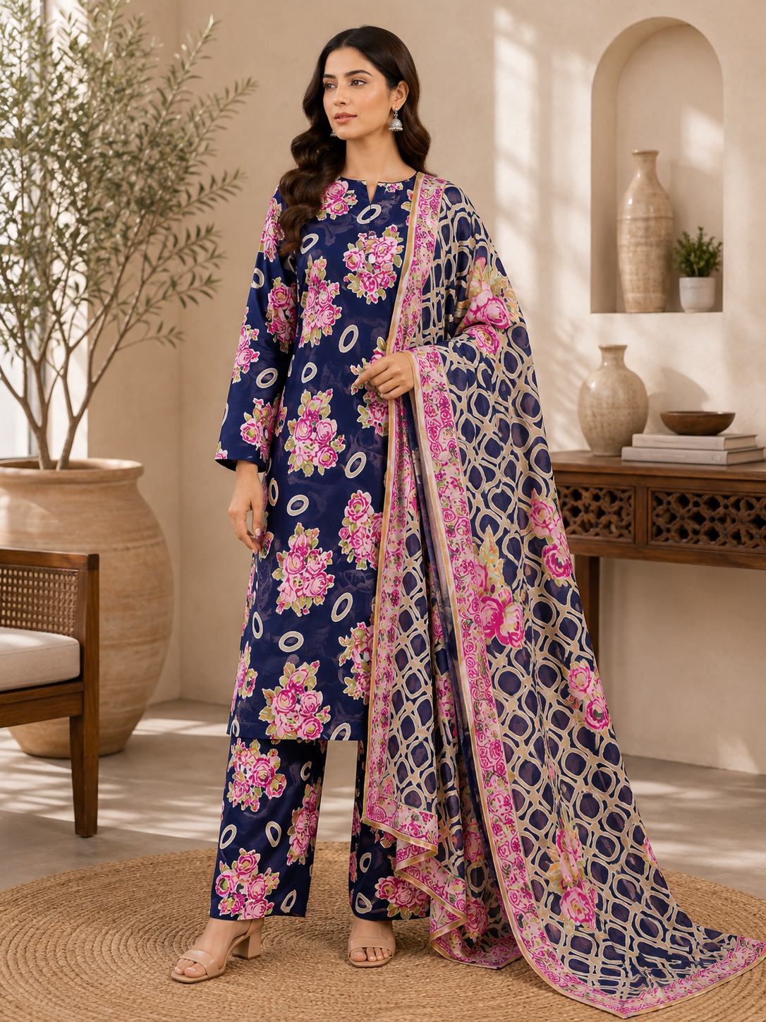 3 Piece Unstitched Barosha Silk Suit – Midnight Blue Floral