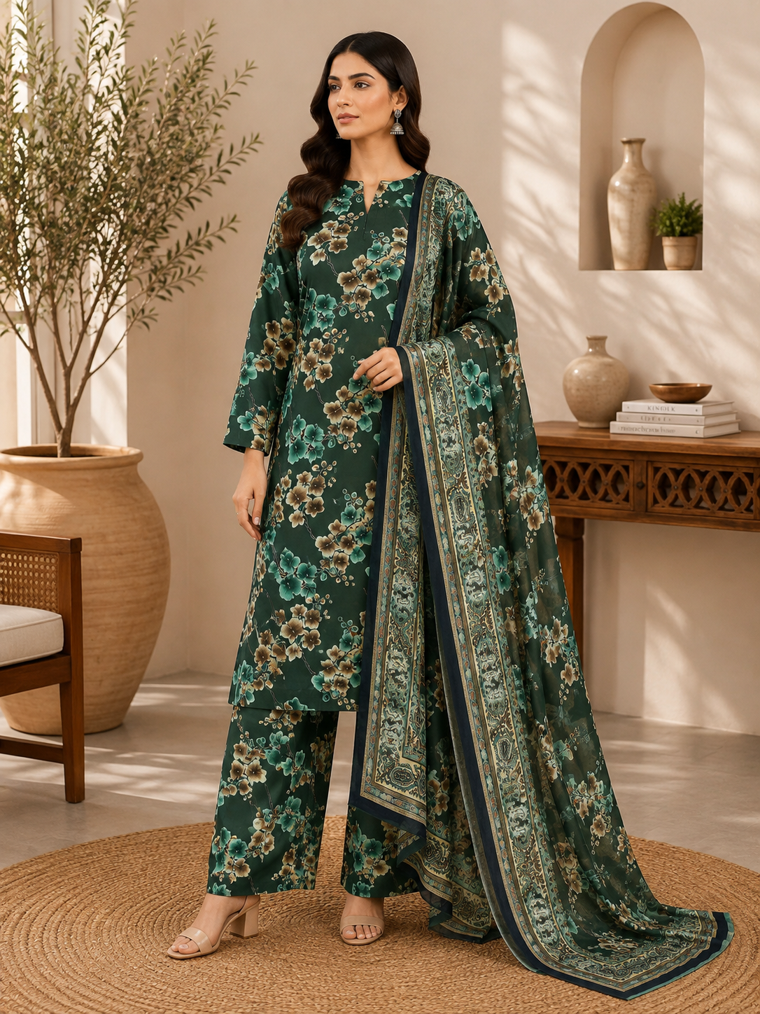 3 Piece Unstitched Barosha Silk Suit – Emerald Forest Floral