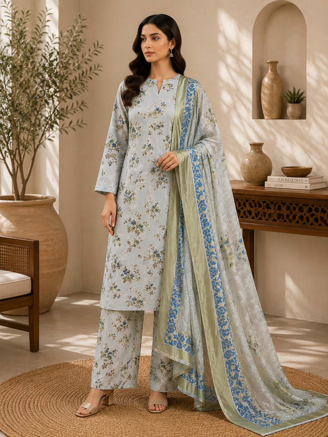 3 Piece Unstitched Barosha Silk Suit – Misty Ice Blue Floral