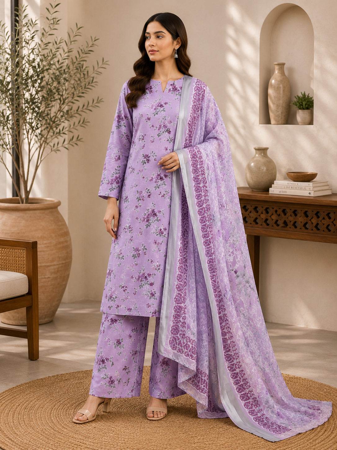 3 Piece Unstitched Barosha Silk Suit – Lavender Bloom