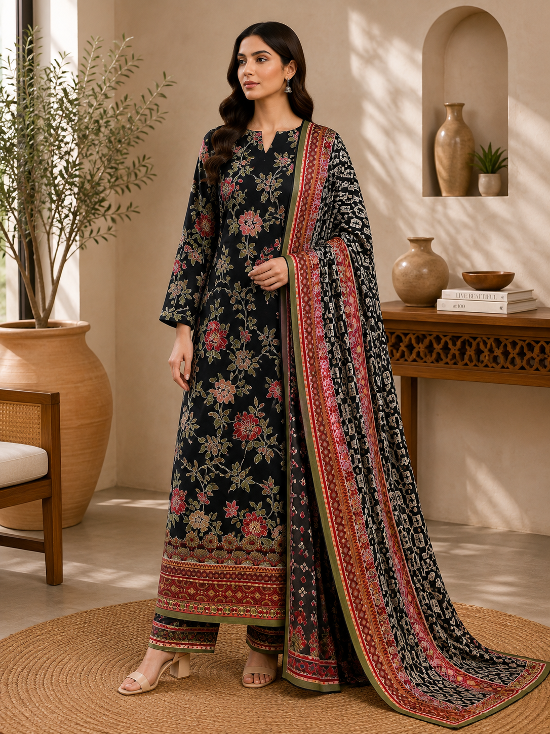 3 Piece Unstitched Barosha Silk Suit – Midnight Noir Floral