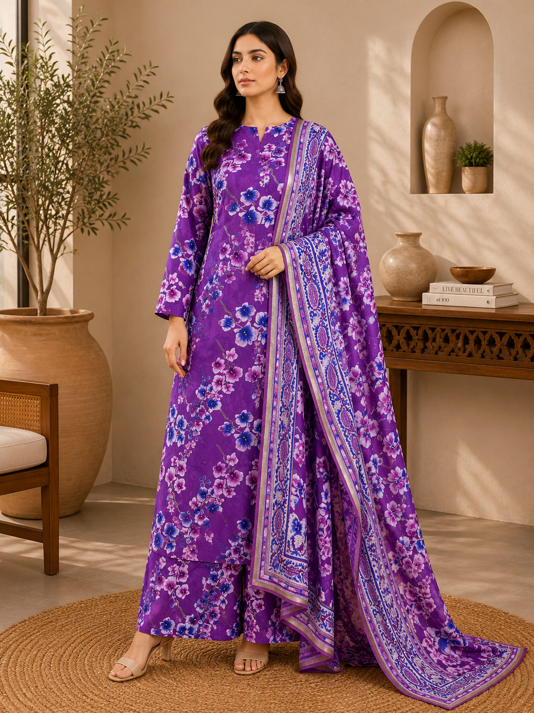 3 Piece Unstitched Barosha Silk Suit – Royal Amethyst Blossom