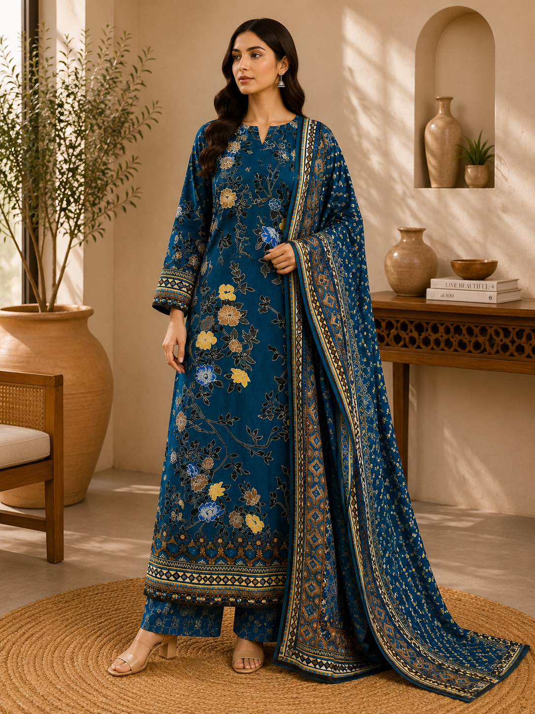 3 Piece Unstitched Barosha Silk Suit – Sapphire Royale